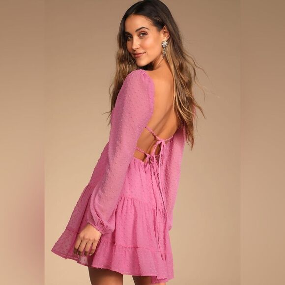 Lulus Longing And Love Pink Swiss Dot Puff Long Sleeve Mini Dress Size M NWT - Picture 3 of 9